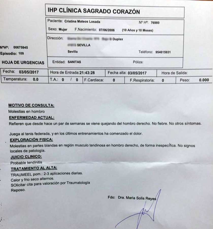 Informe médico con el diagnóstico que le obliga a parar, al menos, una semana.